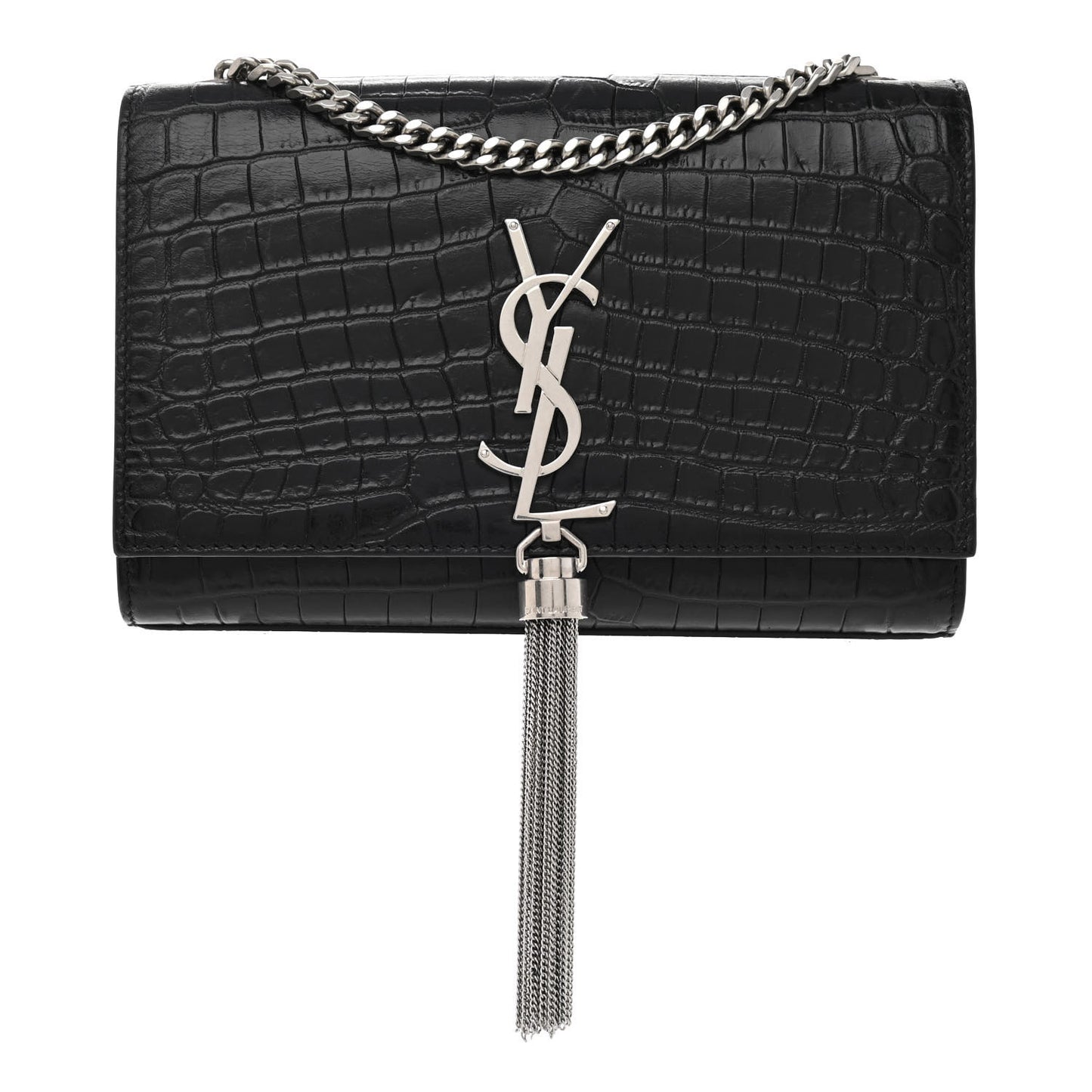 Calfskin Crocodile Embossed Small Classic Monogram Kate Tassel Satchel Black