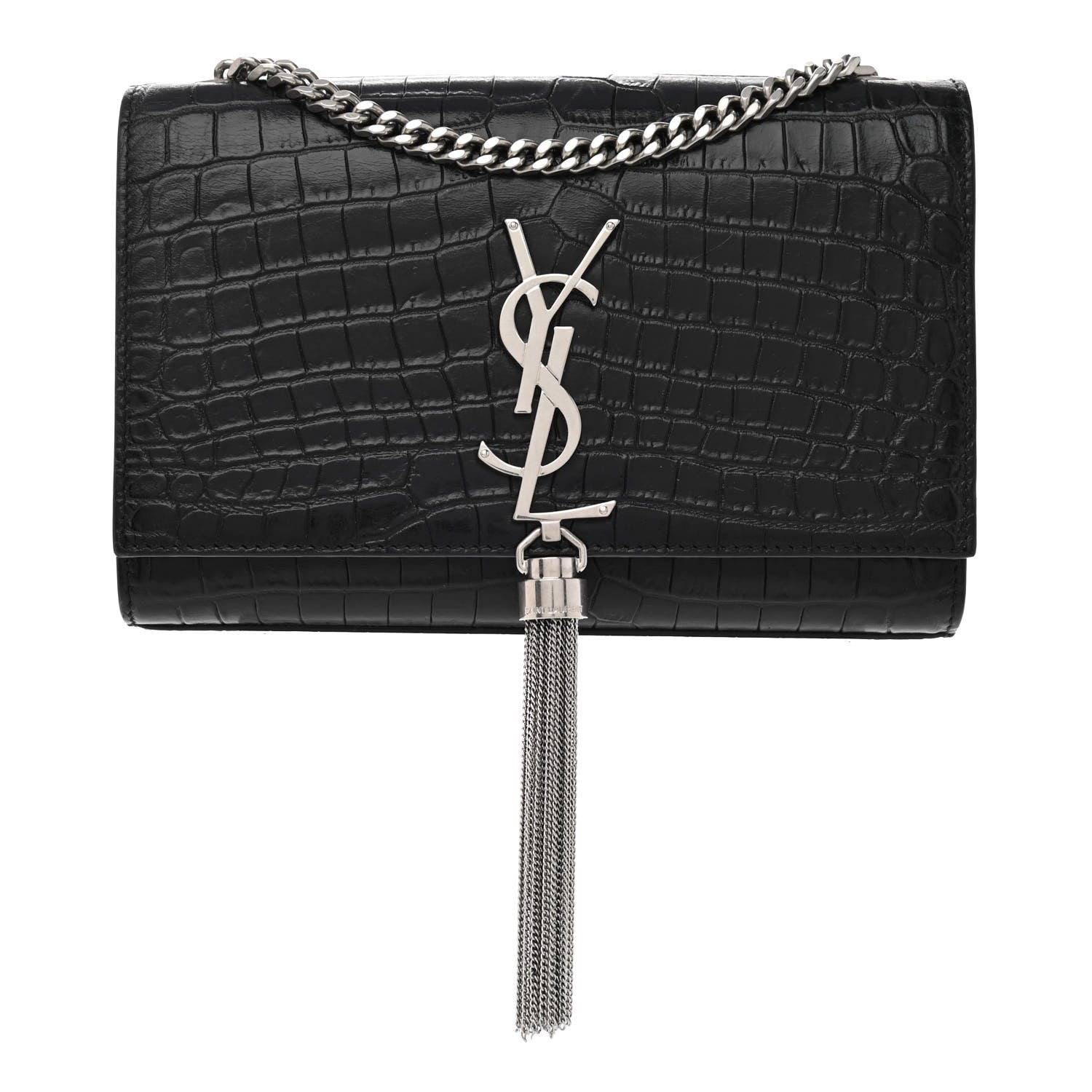 Saint Laurent Calfskin Crocodile Embossed Small Classic Monogram Kate Tassel Satchel Black 1 of 8