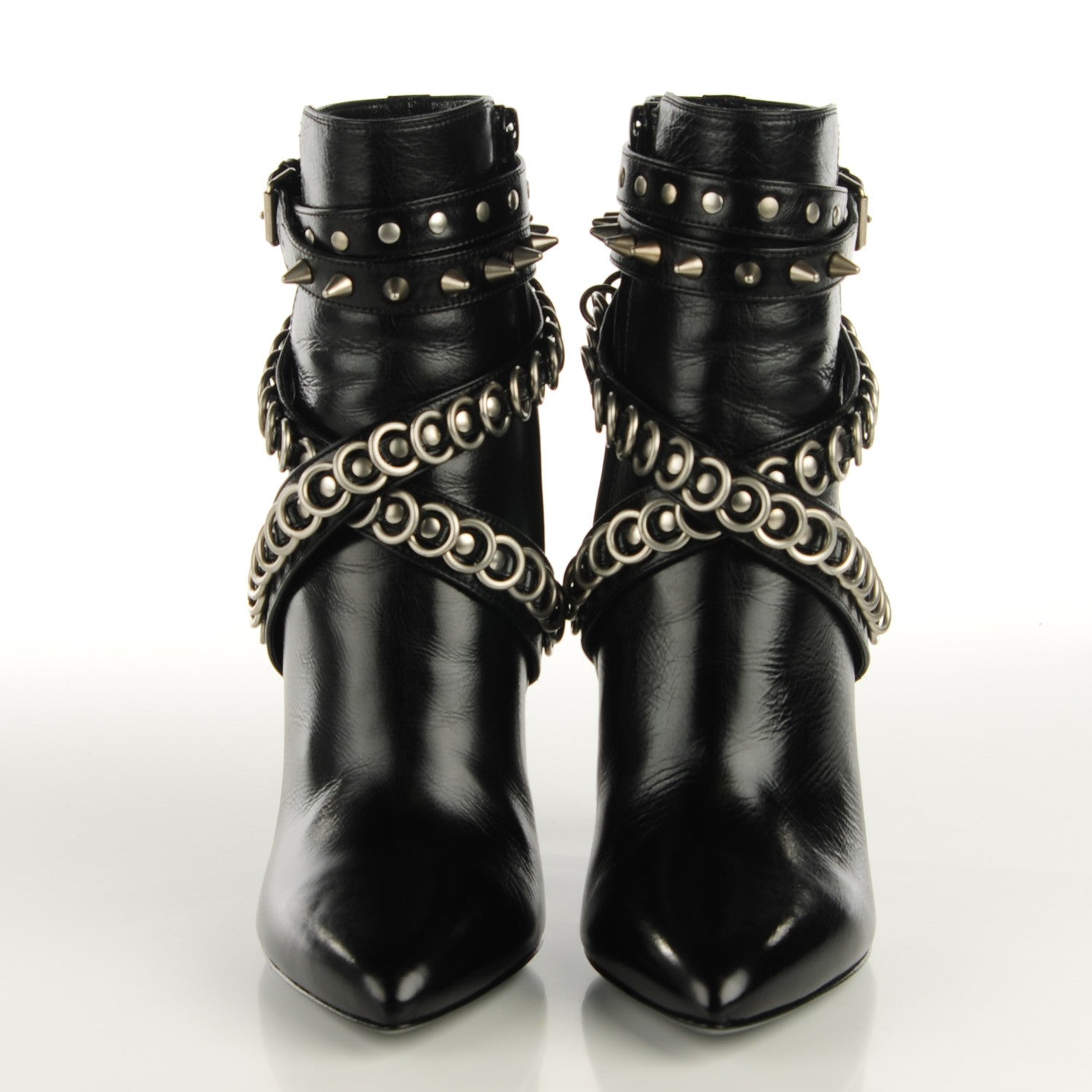 Saint Laurent Shiny Calfskin Multi-Studded Strap Fetish 105 Ankle Boots 36 Black 2 of 8