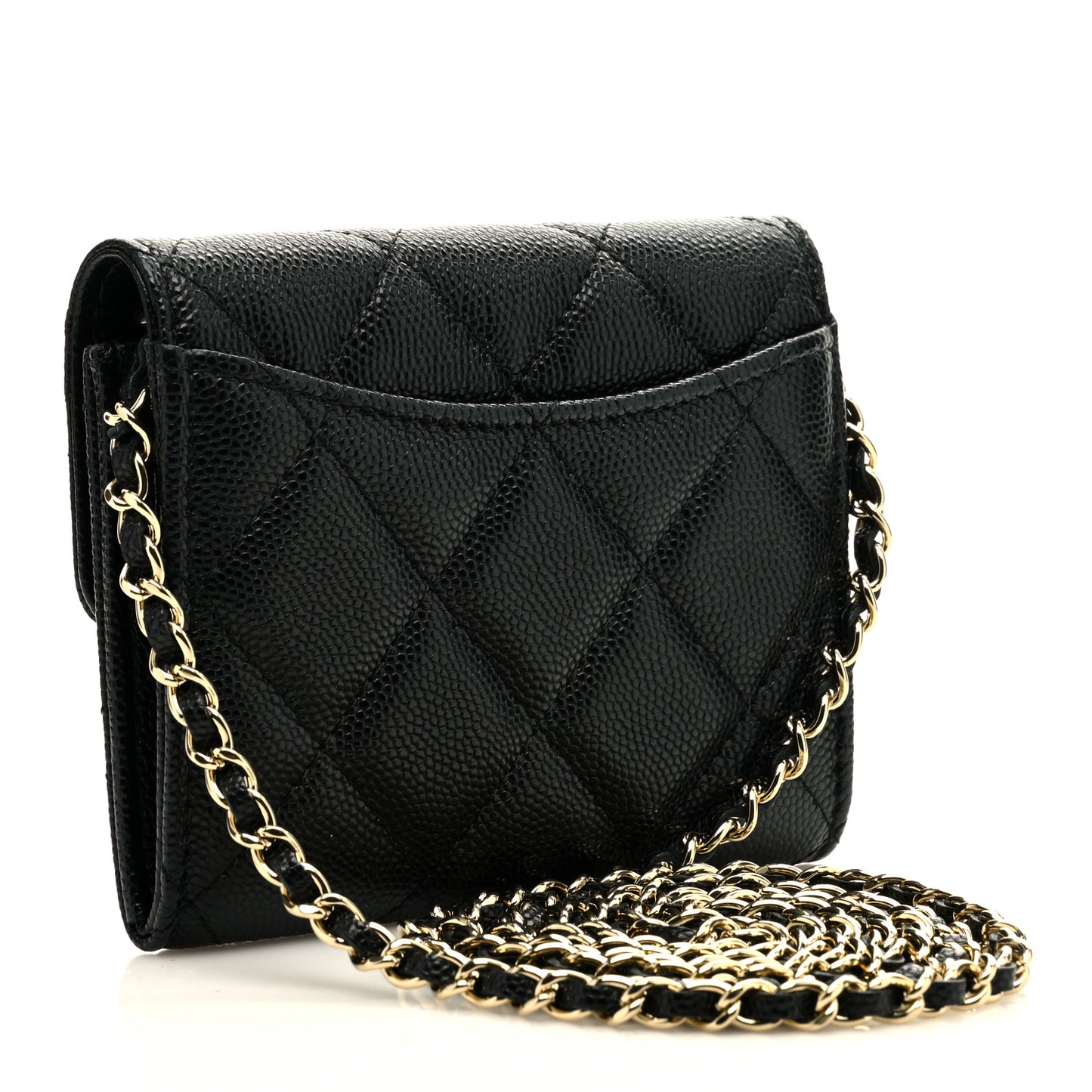 Caviar Quilted Flap Card Holder On Chain Black