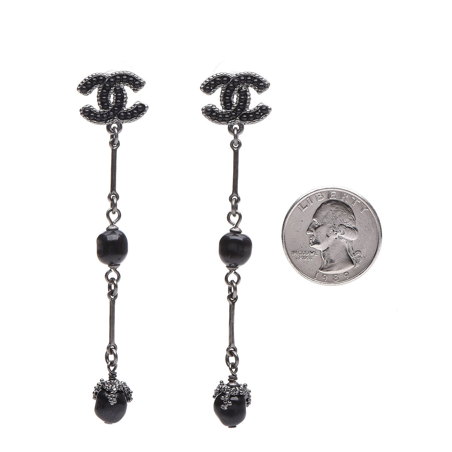 Pearl Beaded CC Long Drop Earrings Silver