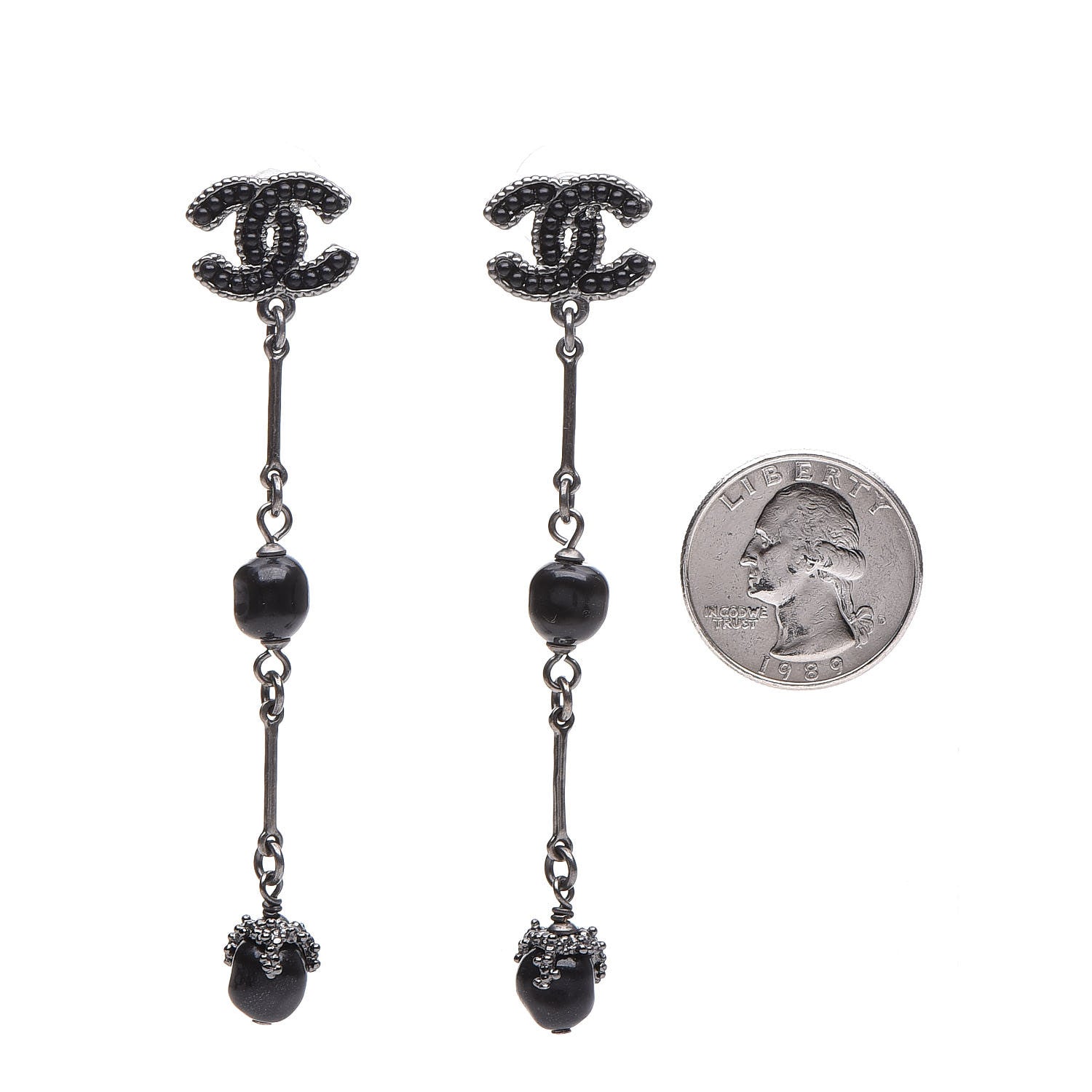 Chanel Pearl Beaded CC Long Drop Earrings Silver 2 of 5