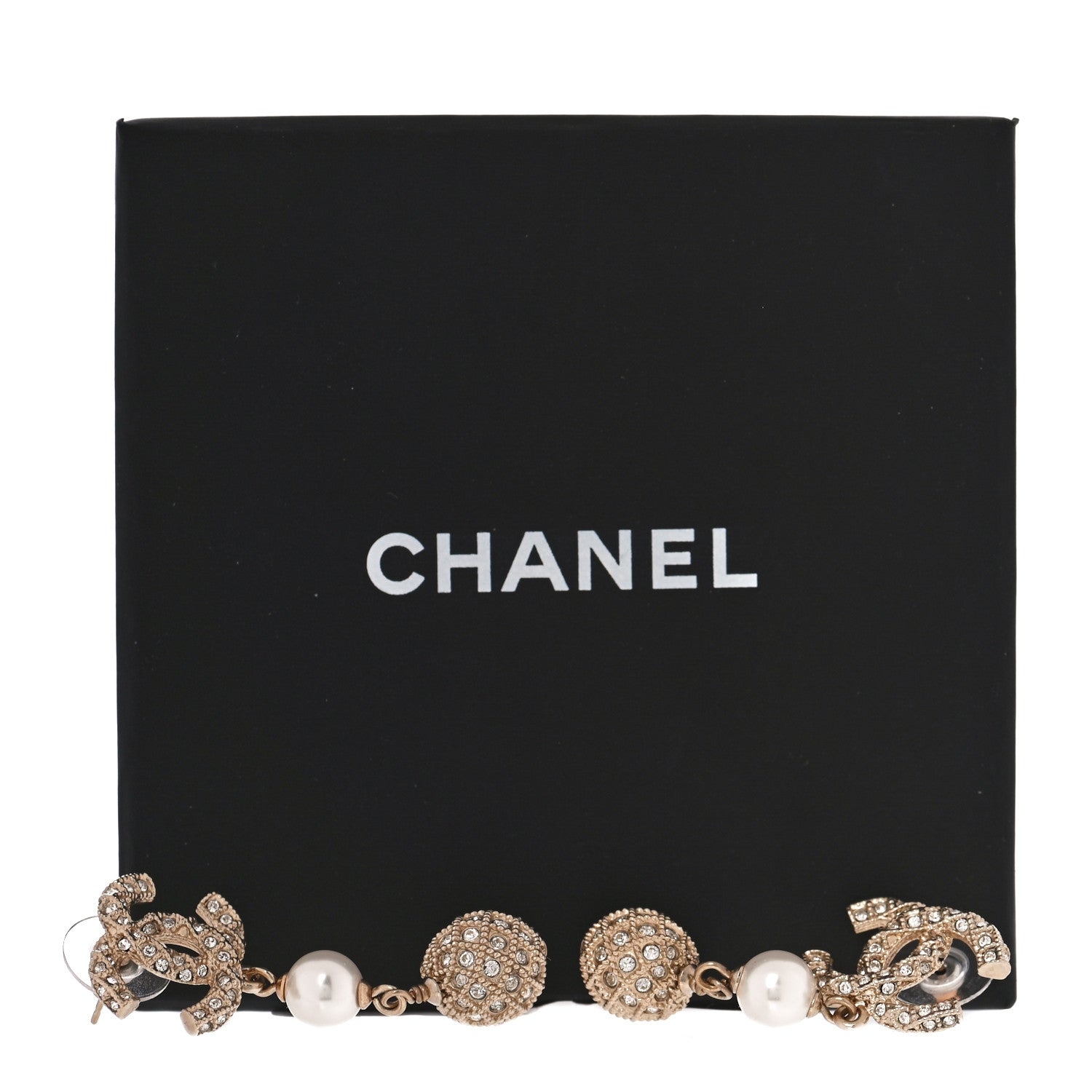 Chanel Pearl Crystal CC Drop Earrings Gold 5 of 5