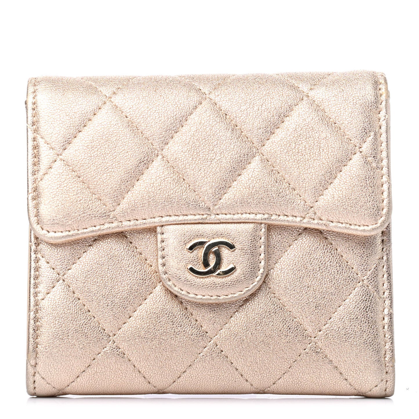 Metallic Lambskin Quilted Compact Flap Wallet Gold