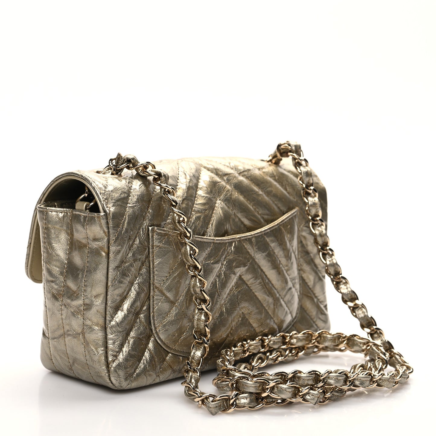 Patent Metallic Crumpled Calfskin Chevron Quilted Mini Rectangular Flap Gold