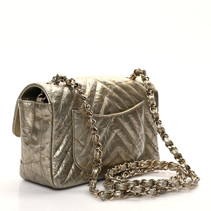 Chanel Patent Metallic Crumpled Calfskin Chevron Quilted Mini Rectangular Flap Gold 3 of 9