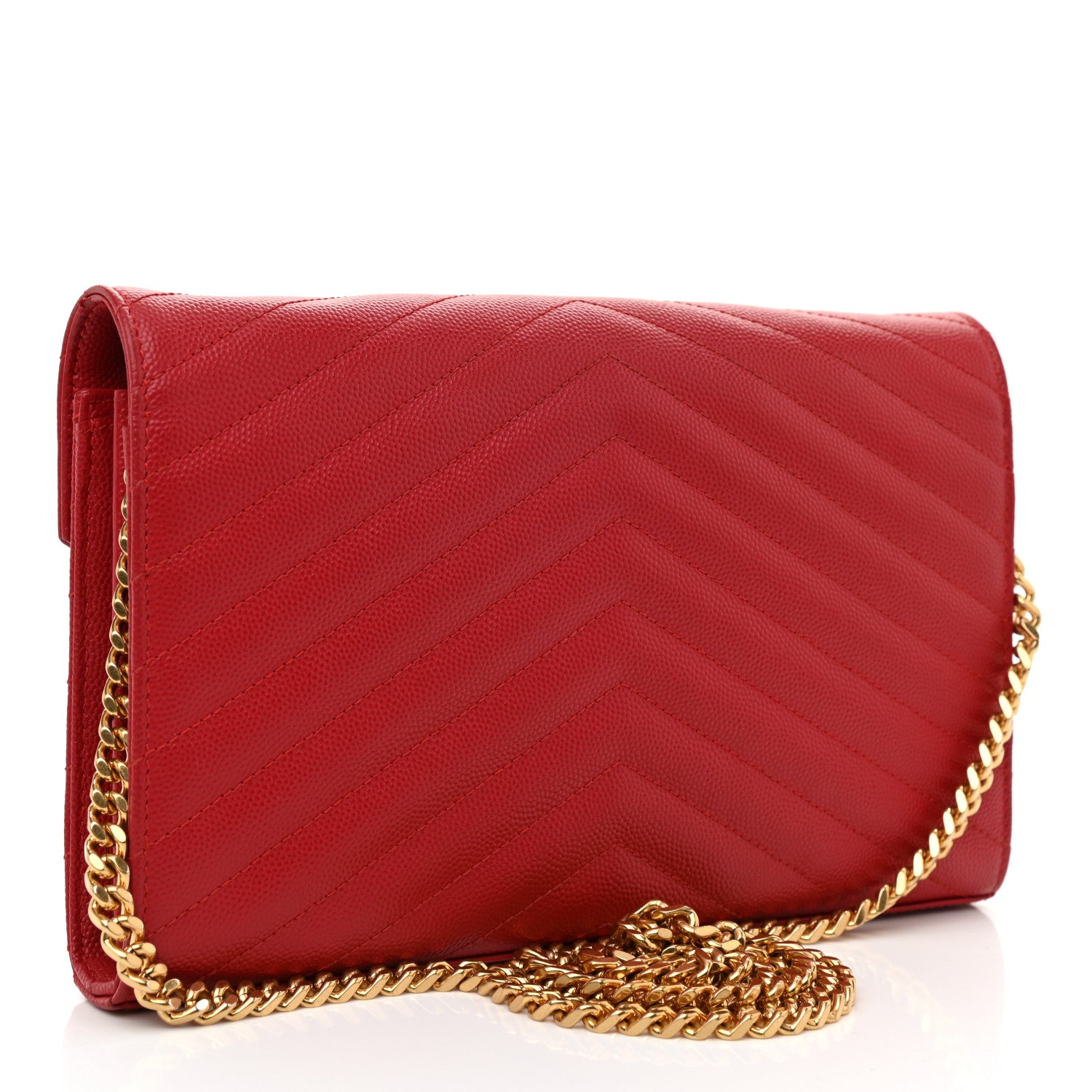 Saint Laurent Grain De Poudre Matelasse Chevron Monogram Chain Wallet New Red 3 of 8
