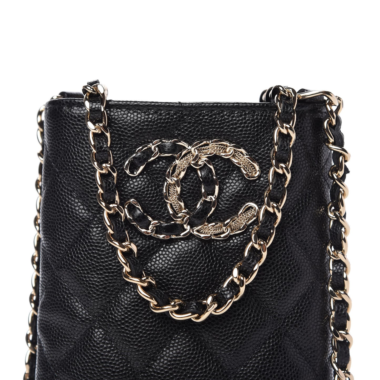 Caviar Quilted French New Wave Phone Holder With Chain Black
