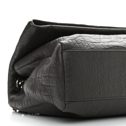 Saint Laurent Calfskin Crocodile Embossed Medium West Hollywood Monogram Fold-Over Grey 9 of 11