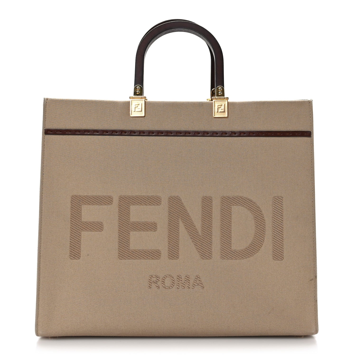 Fendi Canvas Vitello King Logo Embroidered Medium Fendi Sunshine Shopper Tote Sand Ghianda 1 of 12