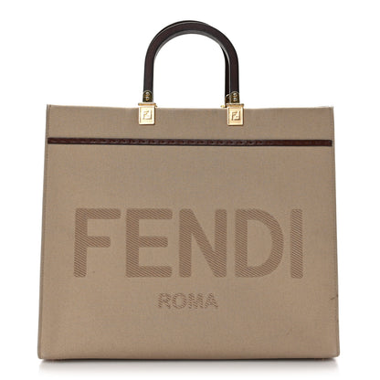 Fendi Canvas Vitello King Logo Embroidered Medium Fendi Sunshine Shopper Tote Sand Ghianda 1 of 12