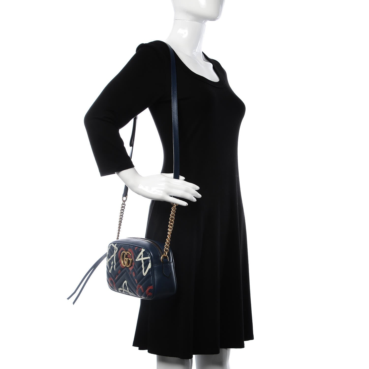 Gucci Calfskin Matelasse GucciGhost Small GG Marmont Chain Shoulder Bag Blue Agata Hibiscus Red 3 of 9