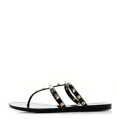 Valentino Garavani PVC Jelly Rockstud Caged Flat Thong Sandals 38 Black 1 of 8