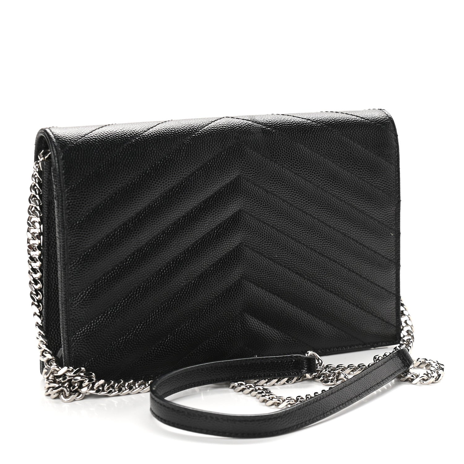 Saint Laurent Grain De Poudre Matelasse Chevron Monogram Envelope Chain Wallet Black 3 of 11
