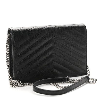 Saint Laurent Grain De Poudre Matelasse Chevron Monogram Envelope Chain Wallet Black 3 of 11