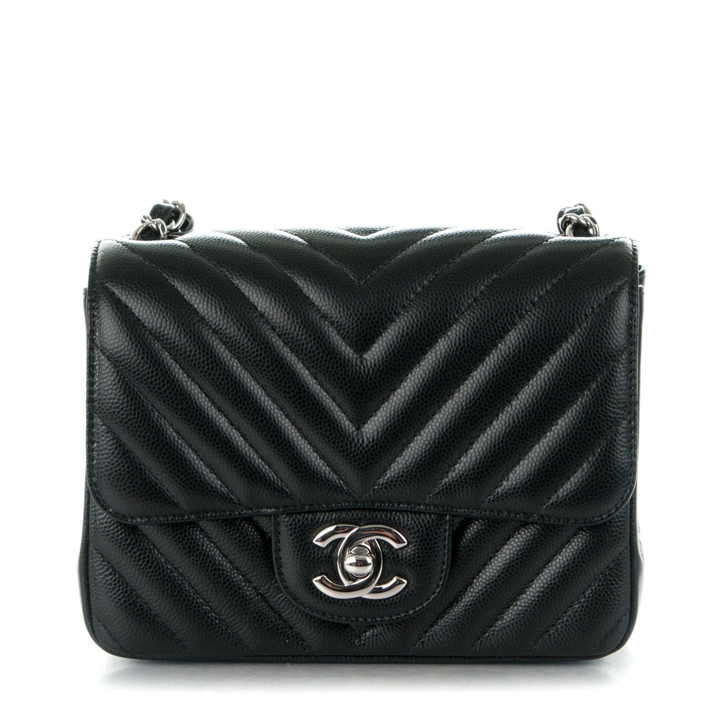 Caviar Chevron Quilted Mini Square Flap Black