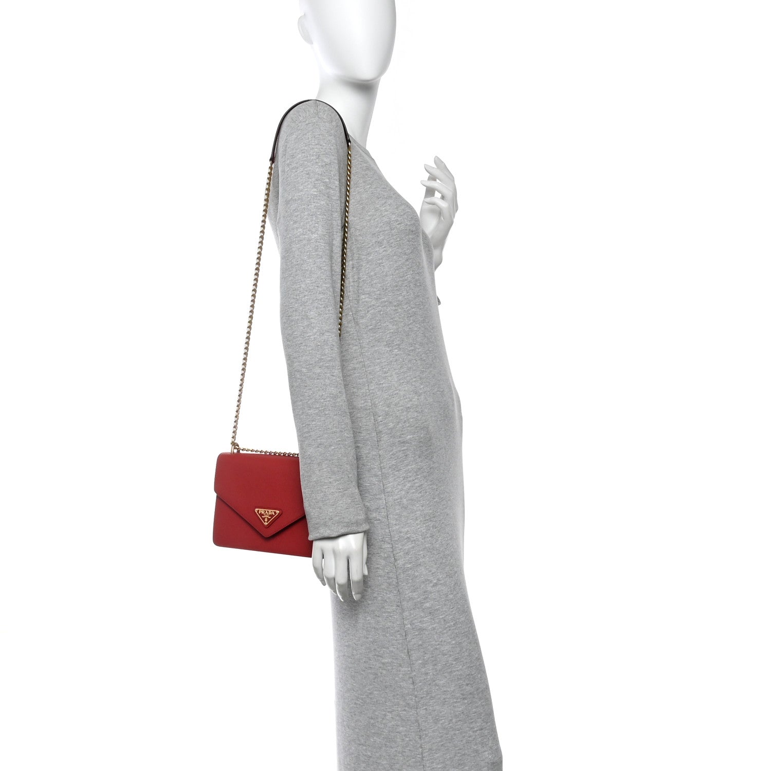 Prada Saffiano Soft Calfskin Metal Triangle Logo Envelope Chain Shoulder Bag Fuoco 2 of 9