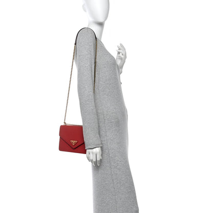 Prada Saffiano Soft Calfskin Metal Triangle Logo Envelope Chain Shoulder Bag Fuoco 2 of 9