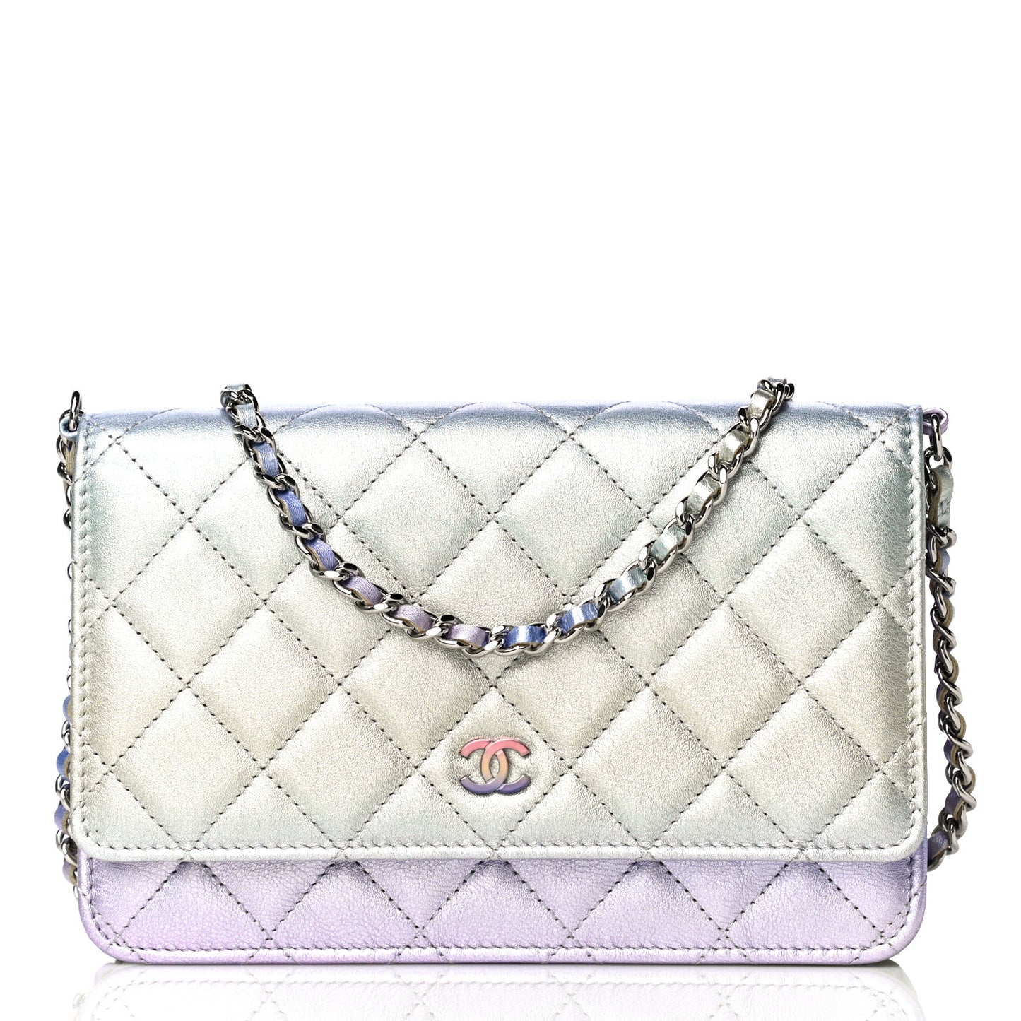 Gradient Metallic Calfskin Quilted Wallet On Chain WOC Silver Blue Yellow Purple