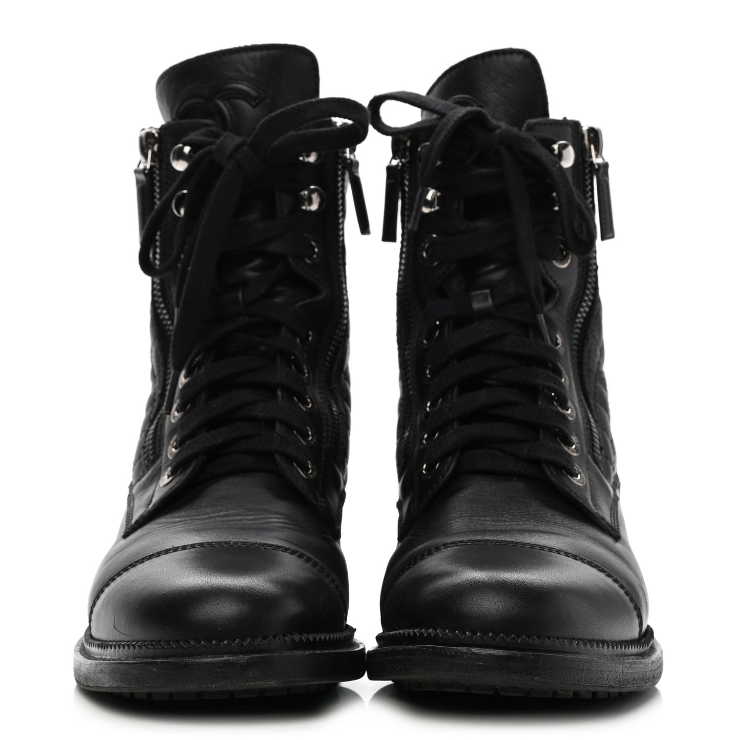 Calfskin Quilted Lace Up Combat Boots 36.5 Black