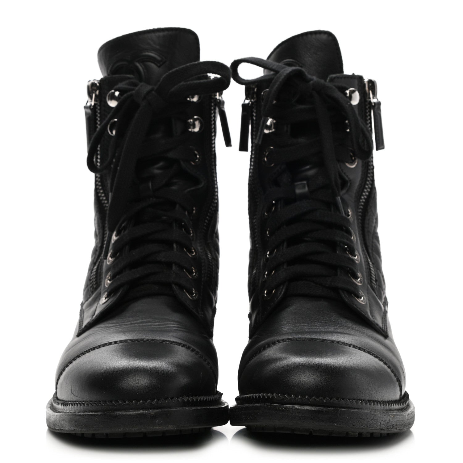 Chanel Calfskin Quilted Lace Up Combat Boots 36.5 Black 2 of 11