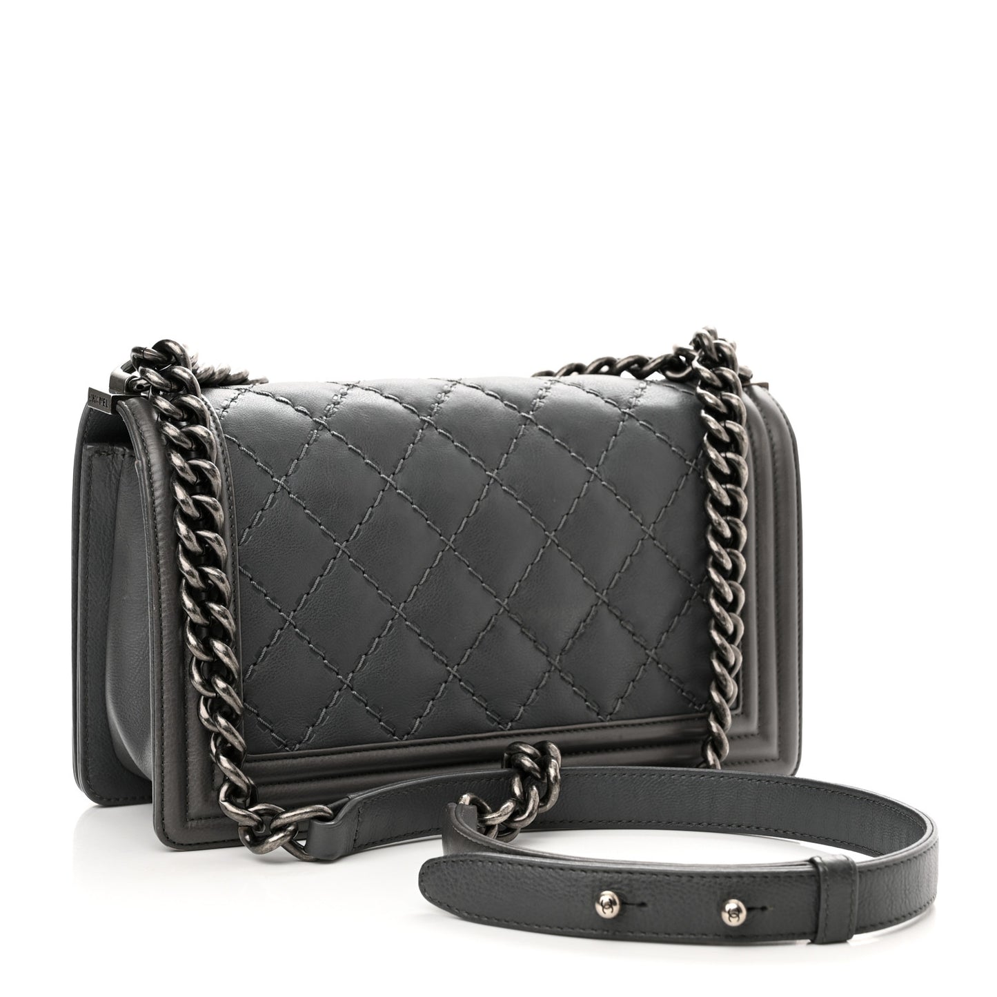 Calfskin Double Stitch Medium Boy Flap Grey