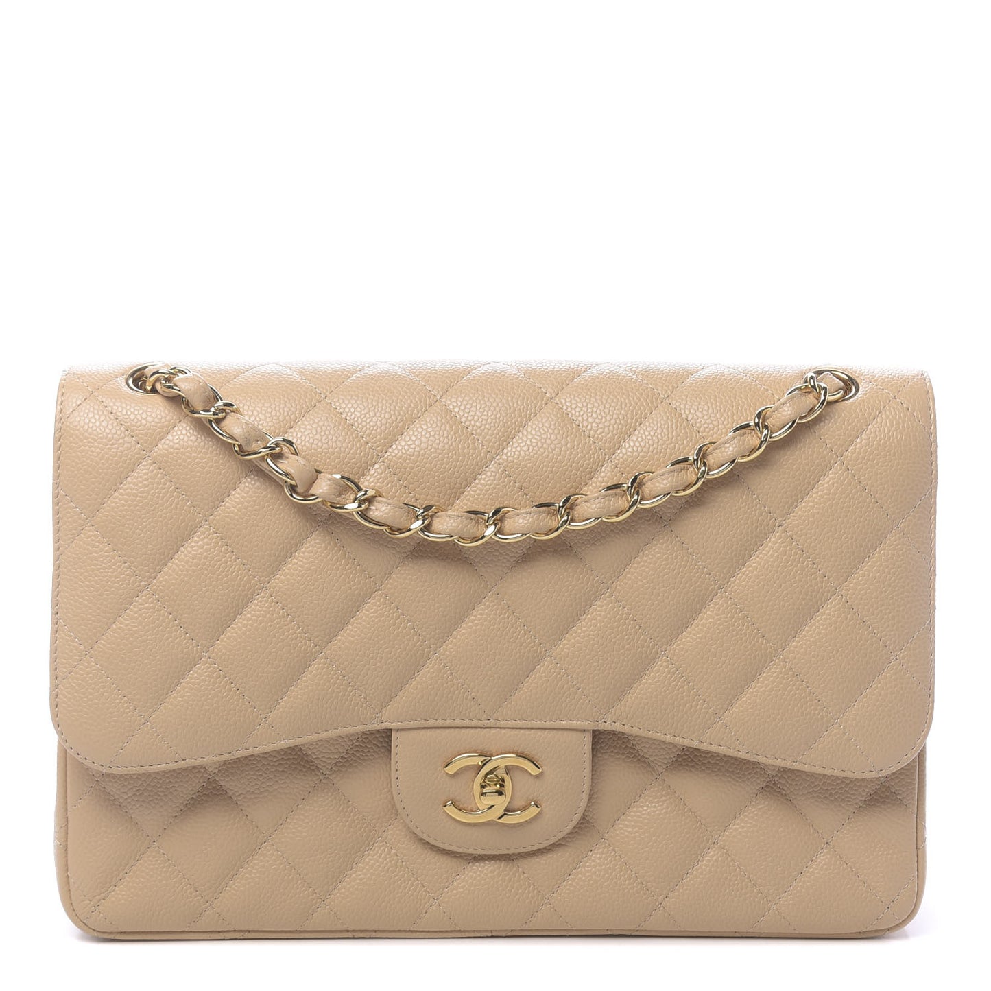 Caviar Quilted Jumbo Double Flap Beige Clair