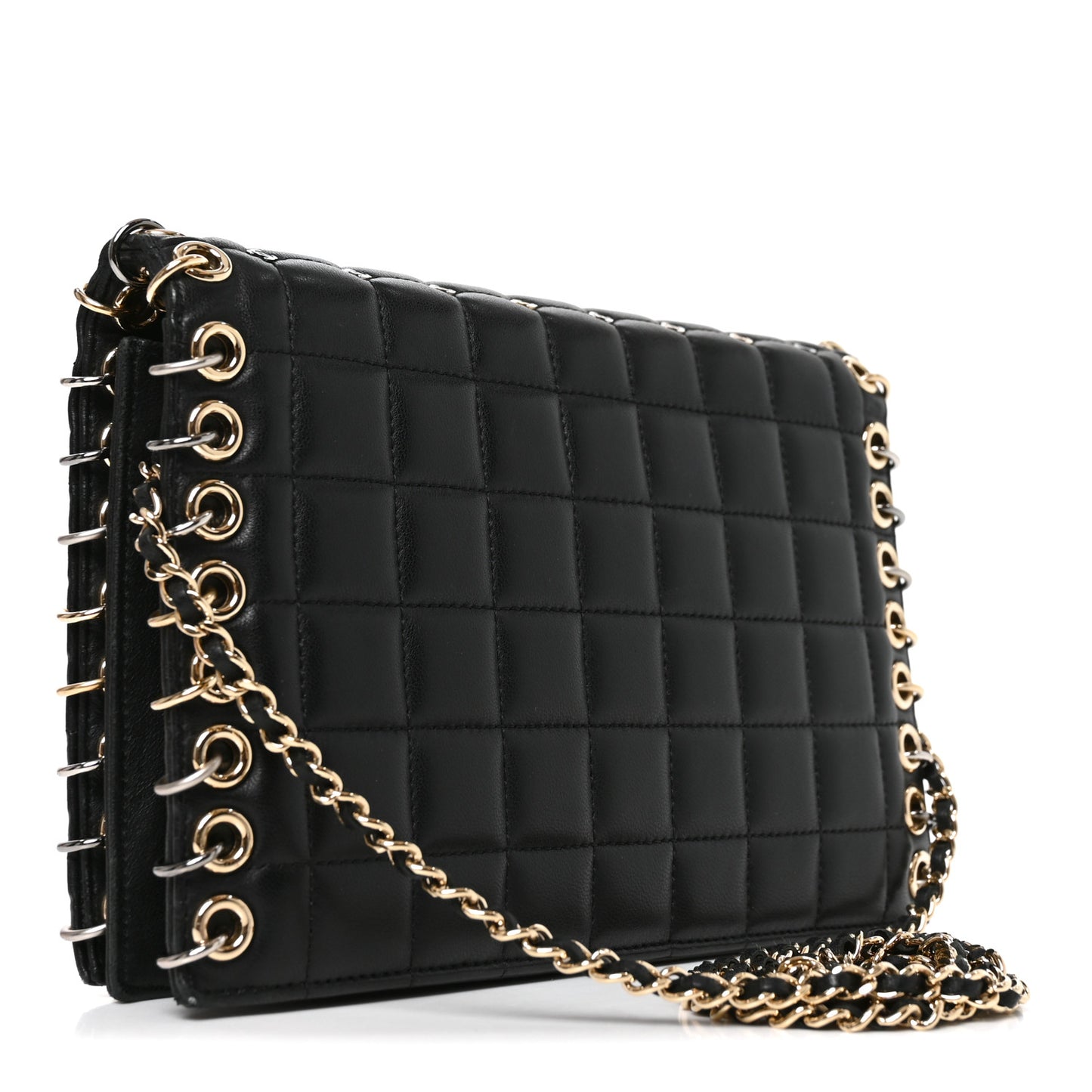 Lambskin Chocolate Bar Piercing CC Studded Small Chain Flap Bag Black