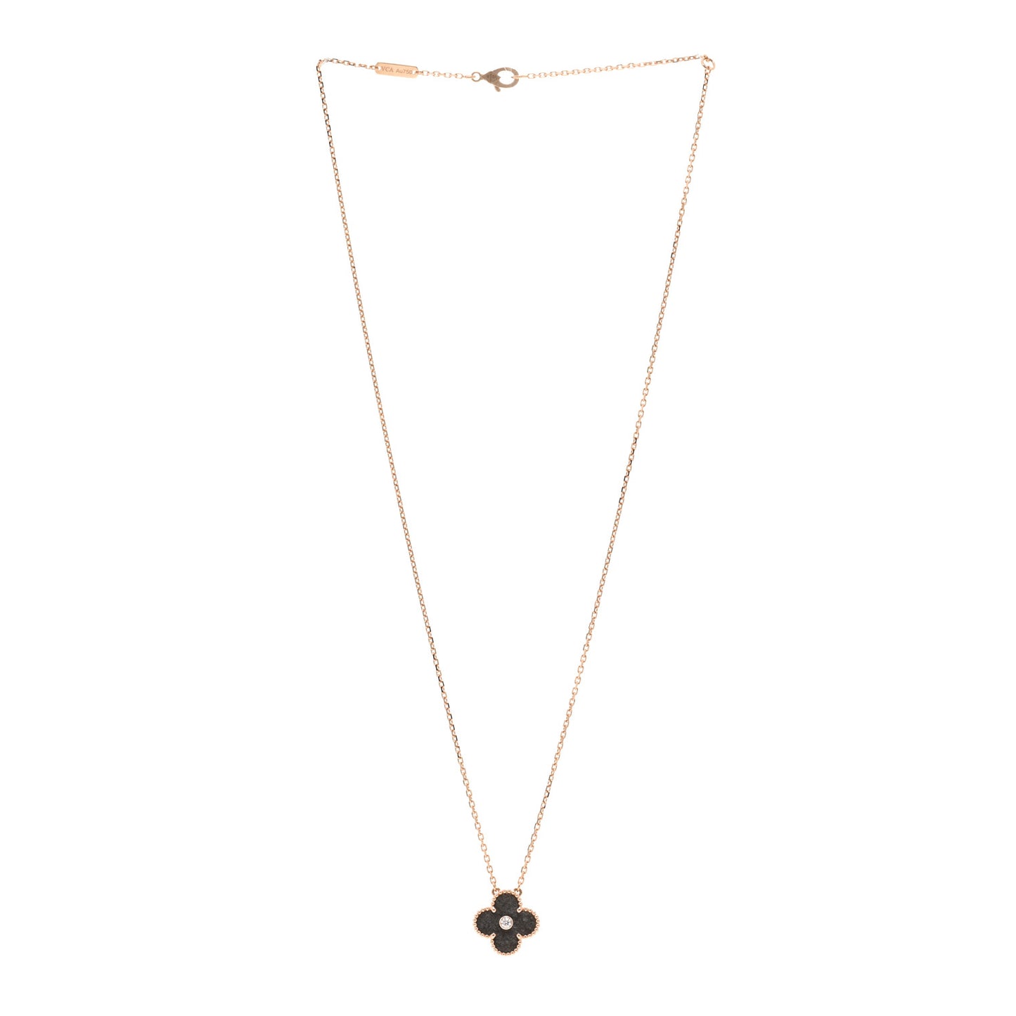 18K Rose Gold Diamond Silver Obsidian Vintage Alhambra Pendant Necklace