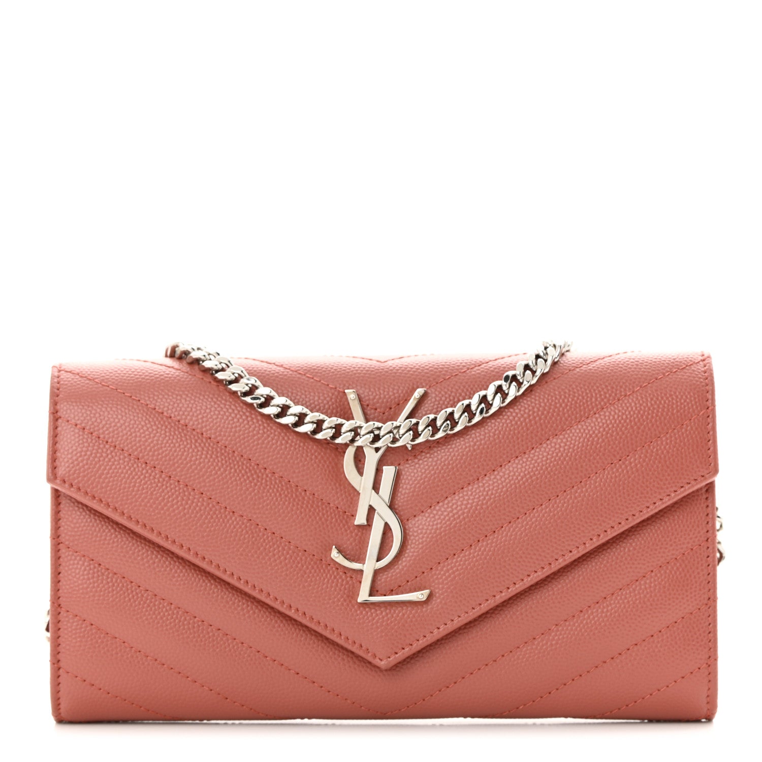 Saint Laurent Grain De Poudre Matelasse Chevron Small Monogram Chain Wallet Blush Fonce 1 of 12