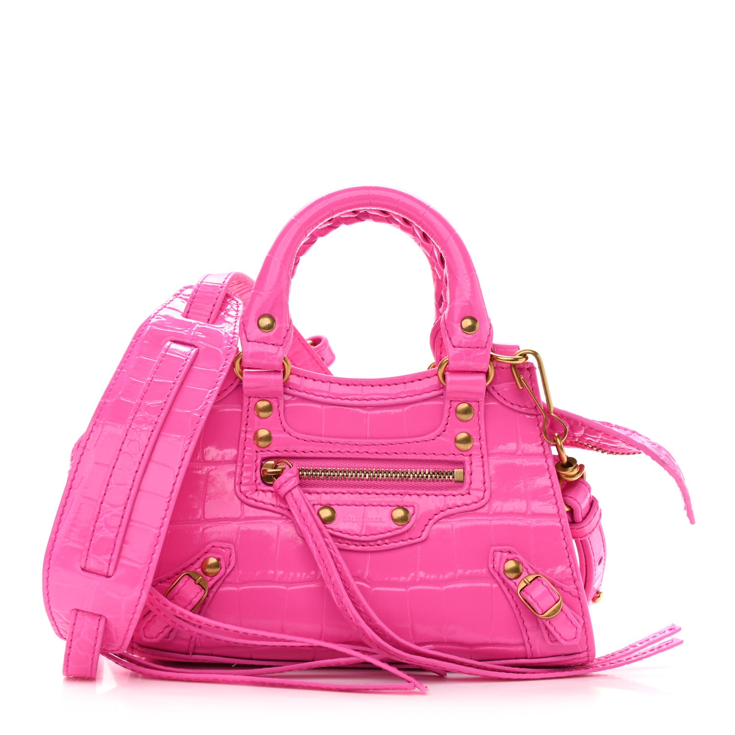 Balenciaga Calfskin Crocodile Embossed Neo Classic Gold Hardware Nano City Crossbody Neon Pink 1 of 8