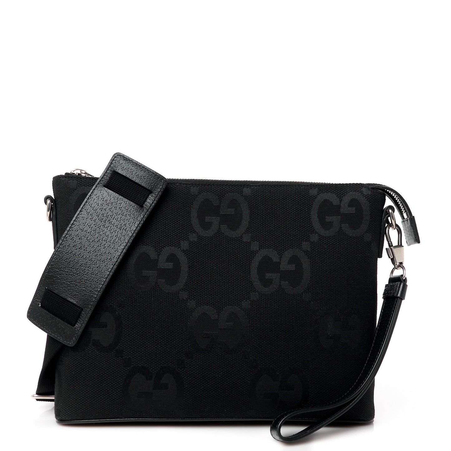 Monogram Jumbo GG Textured Dollar Calfskin Wristlet Messenger Bag Black