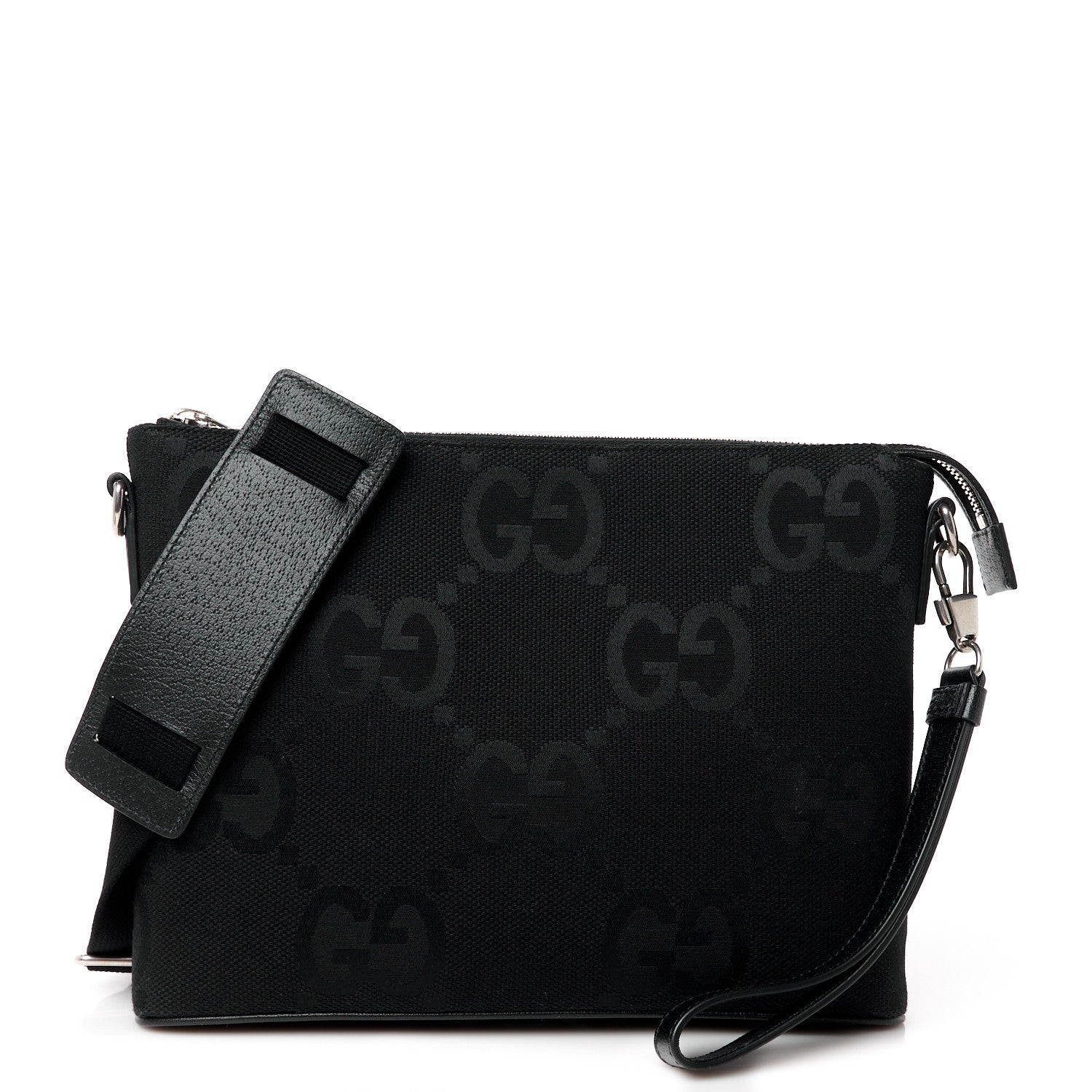 Gucci Monogram Jumbo GG Textured Dollar Calfskin Wristlet Messenger Bag Black 1 of 12
