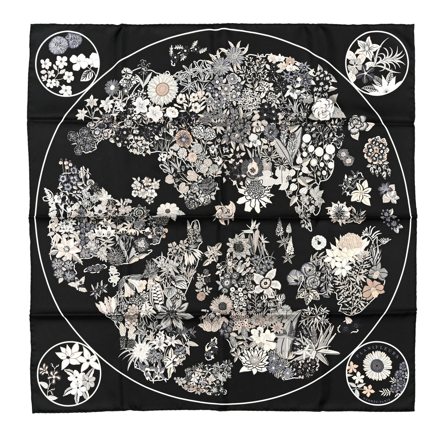 Silk Planifleurs Scarf 90 Black Gris Parchemin
