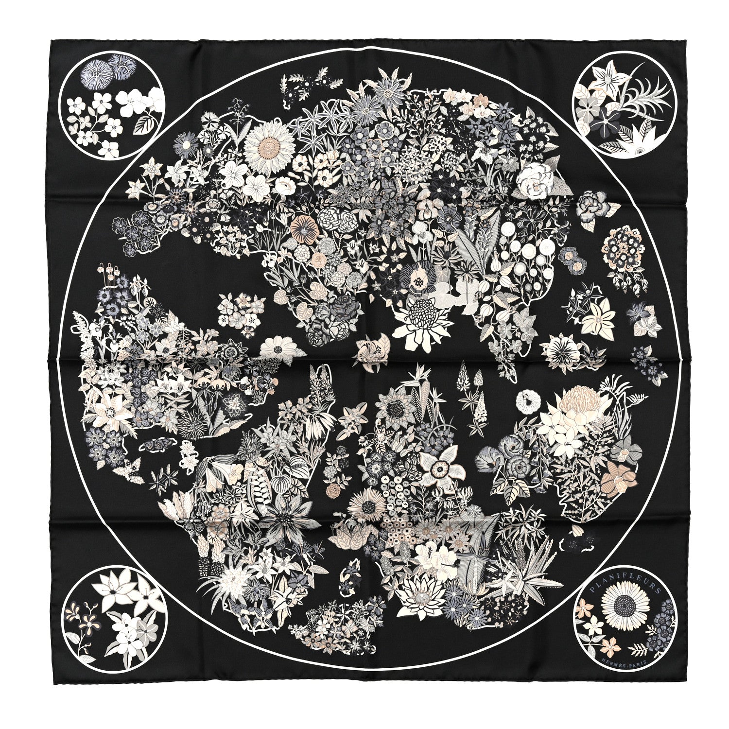 Hermes Silk Planifleurs Scarf 90 Black Gris Parchemin 1 of 5