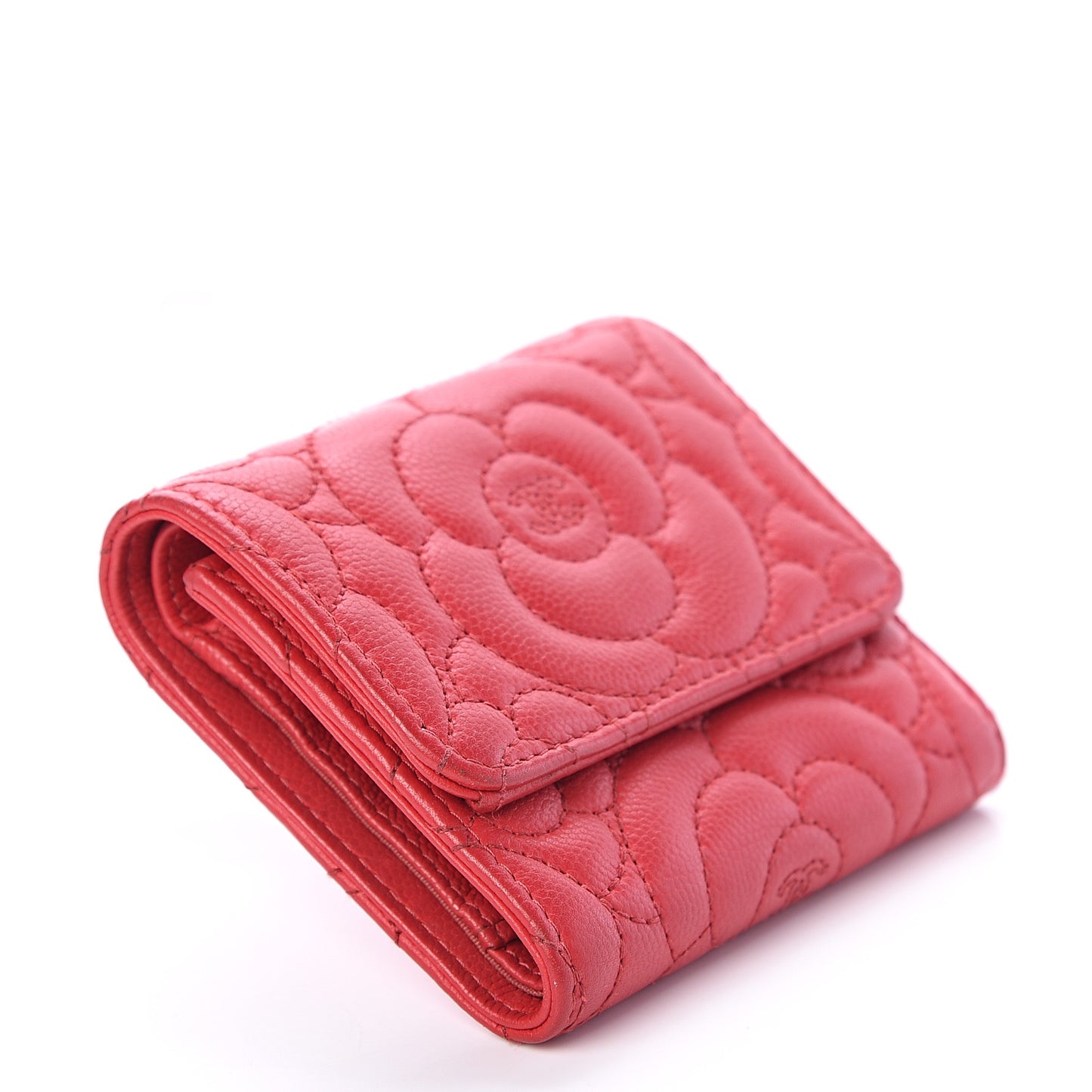 Caviar Camellia Embossed Compact Wallet Red