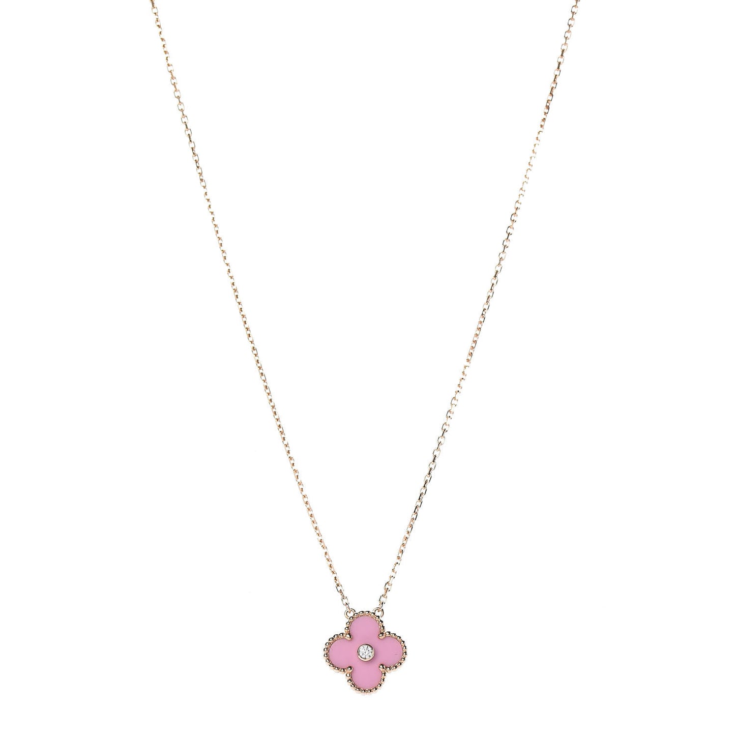 18K Rose Gold Diamond Pink Porcelain Vintage Alhambra Pendant Necklace