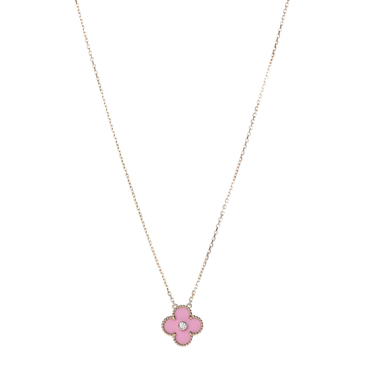Van Cleef & Arpels 18K Rose Gold Diamond Pink Porcelain Vintage Alhambra Pendant Necklace 1 of 8