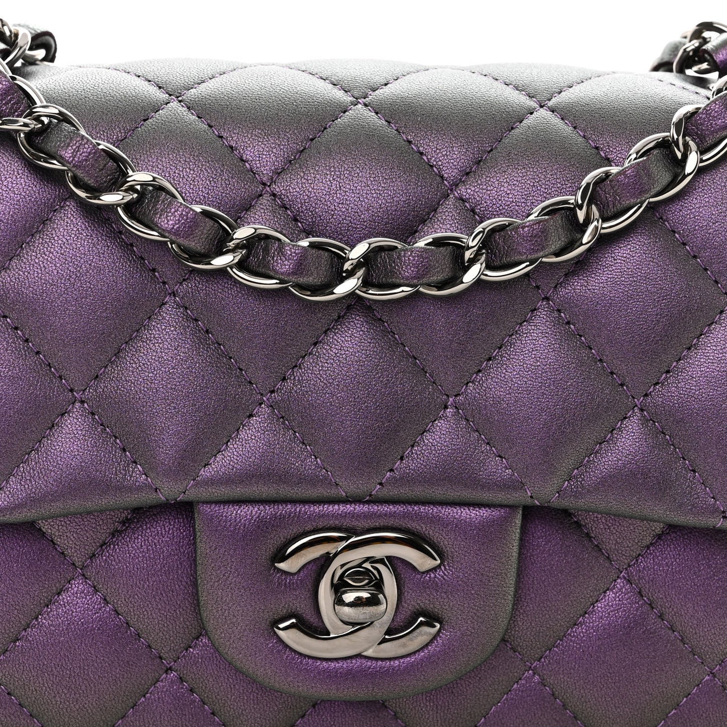 Iridescent Lambskin Quilted Mini Rectangular Flap Dark Purple