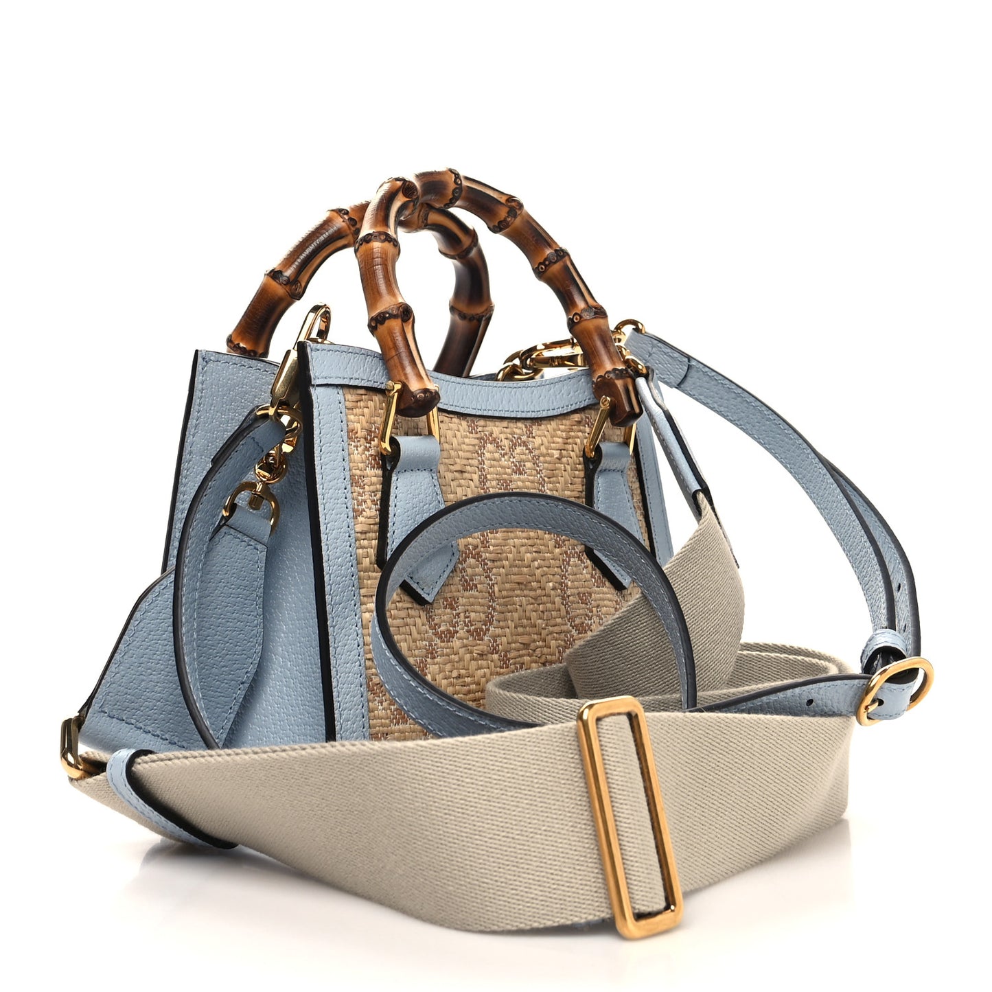 Raffia Textured Dollar Calfskin GG Monogram Mini Diana Tote Bag Light Blue Natural