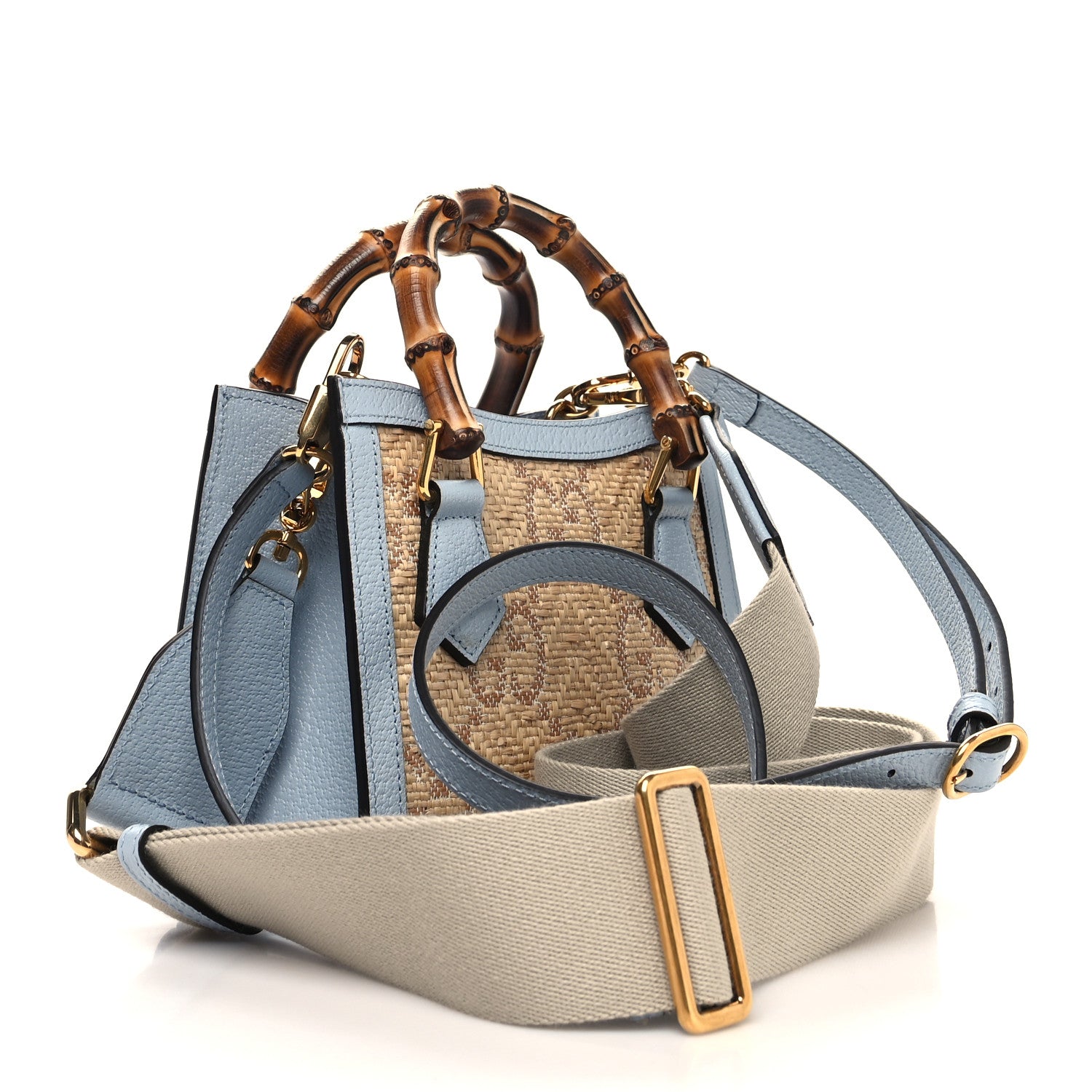 Gucci Raffia Textured Dollar Calfskin GG Monogram Mini Diana Tote Bag Light Blue Natural 3 of 11