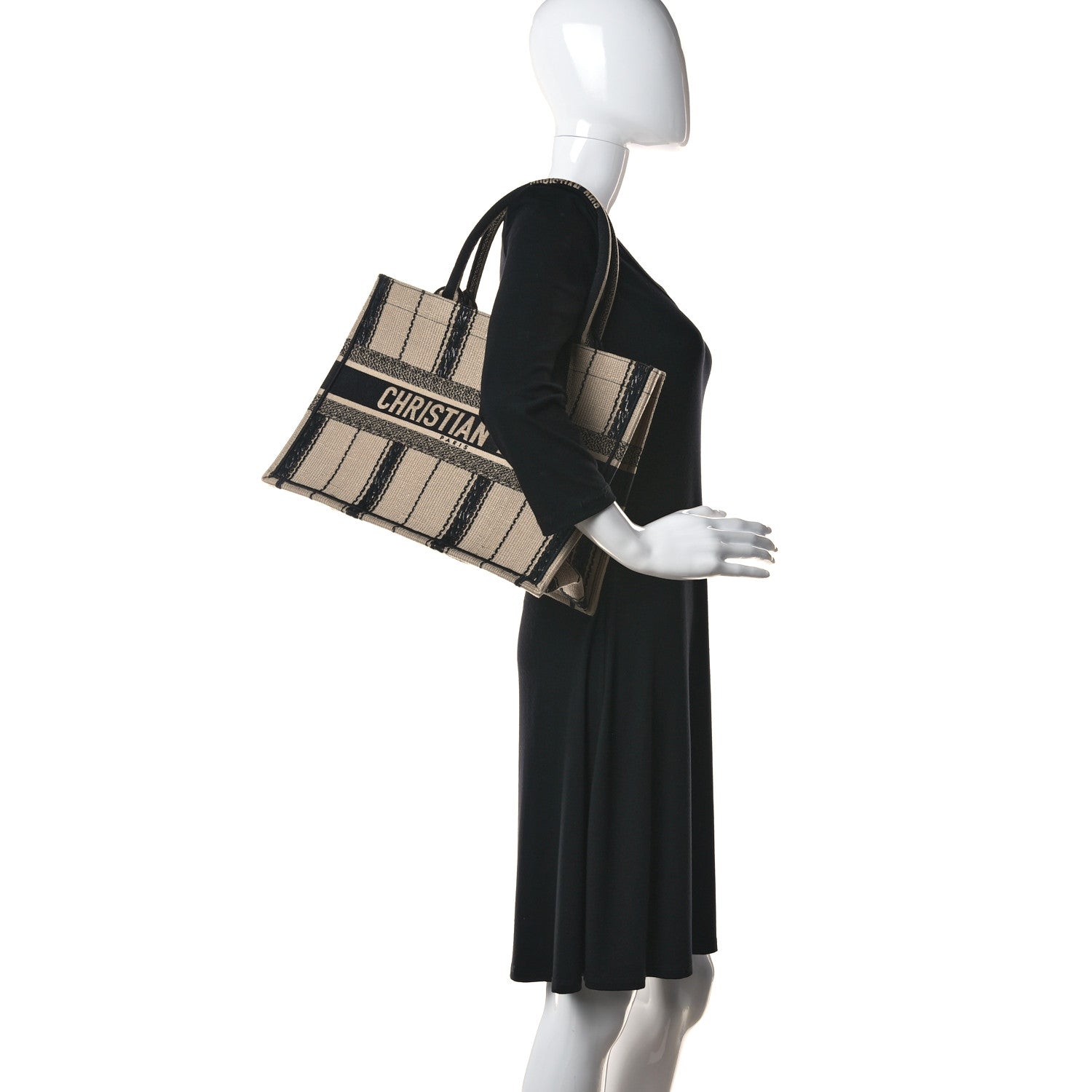 Christian Dior Canvas Embroidered Medium Bayadere Book Tote Black Beige 2 of 10