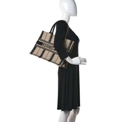 Christian Dior Canvas Embroidered Medium Bayadere Book Tote Black Beige 2 of 10