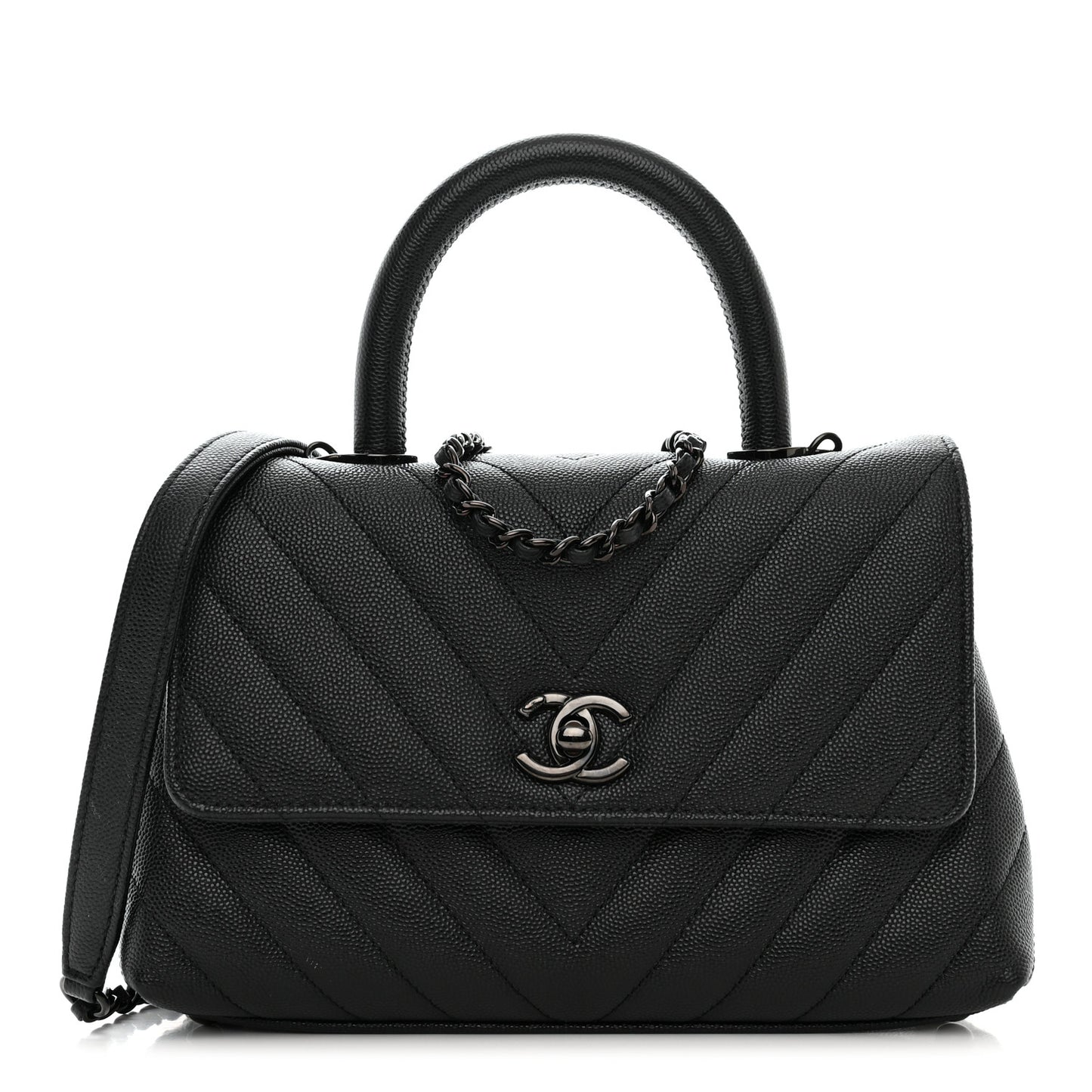 Caviar Chevron Quilted Mini Coco Handle Flap So Black