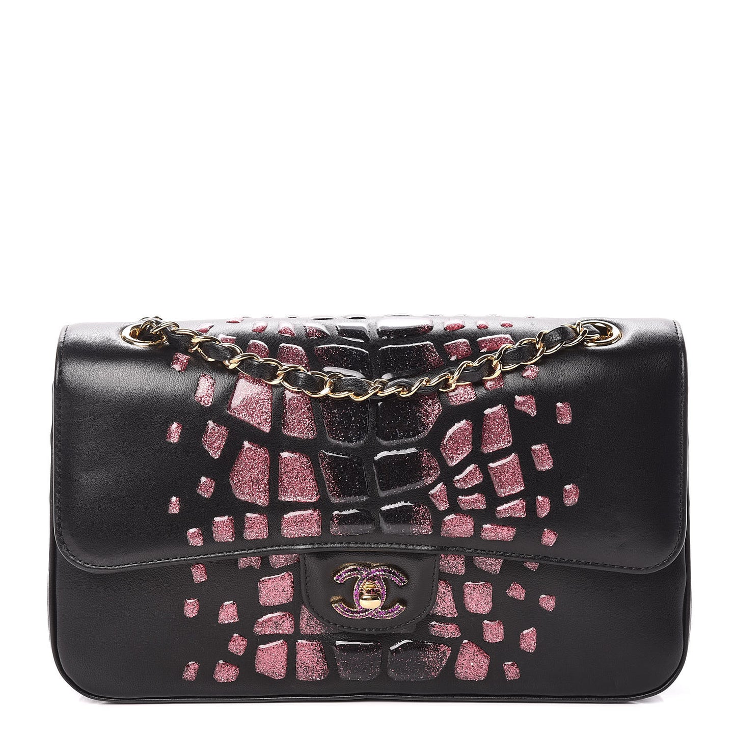 Lambskin Resin Glitter Medium Double Flap Black Pink