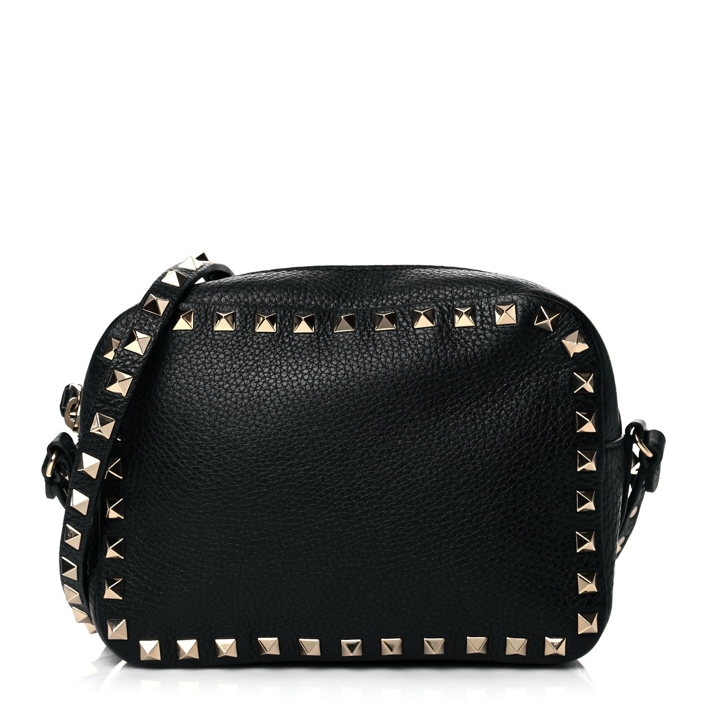 Pebbled Calfskin Rockstud Camera Crossbody Bag Black
