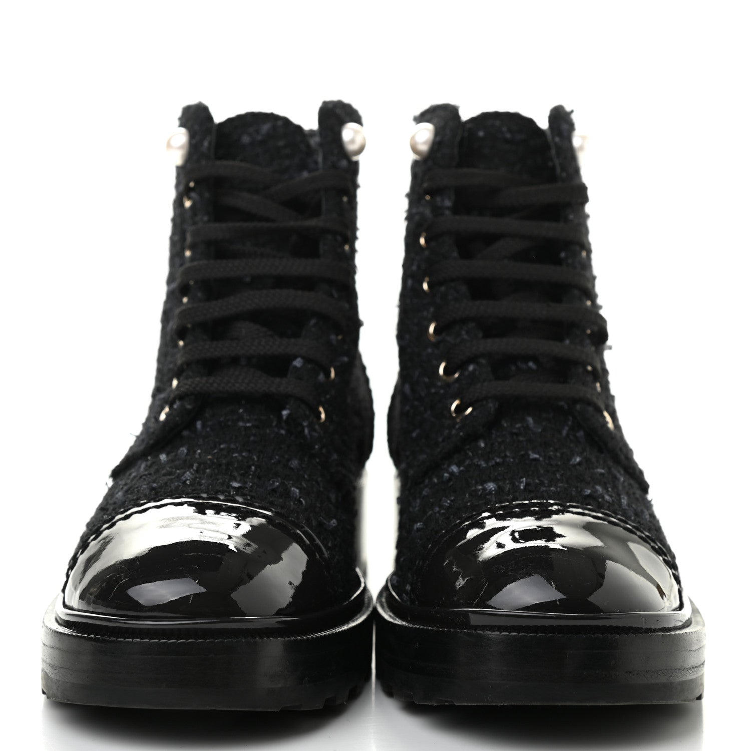 Chanel Tweed Patent Calfskin Pearl Combat Short Boots 36.5 Black Grey 2 of 10