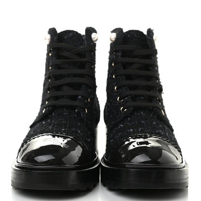 Chanel Tweed Patent Calfskin Pearl Combat Short Boots 36.5 Black Grey 2 of 10