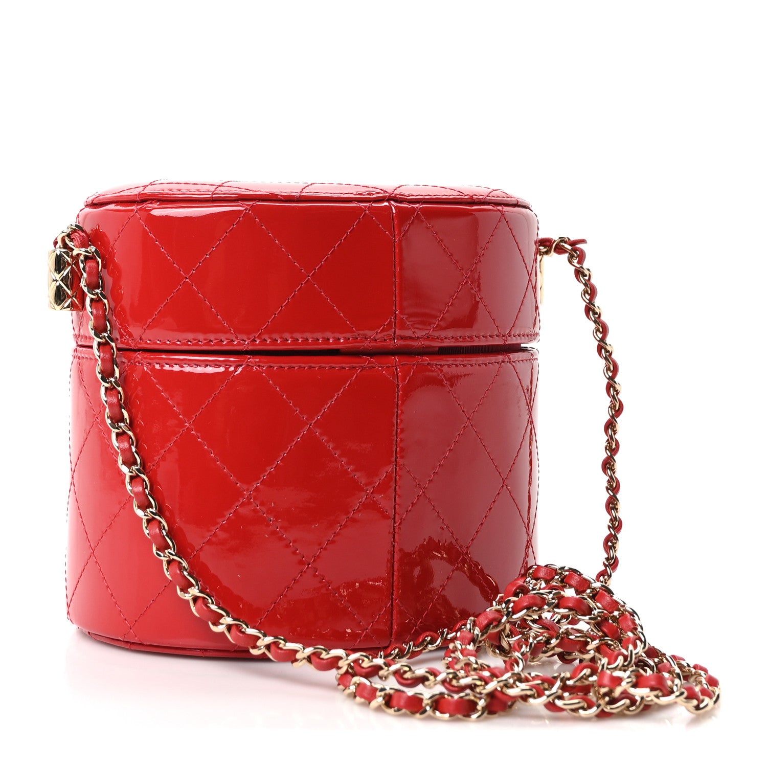 Chanel Patent Quilted Small Round Vanity With Chain  Red 3 of 11