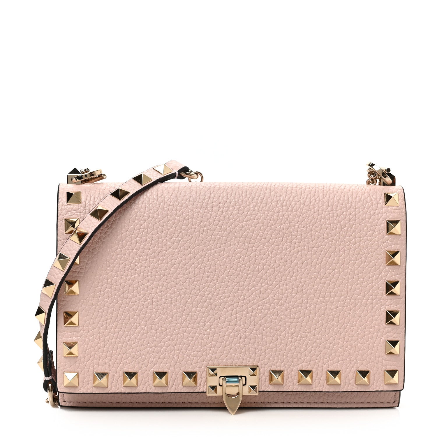 Valentino Garavani Pebbled Calfskin Rockstud Flip Lock Wallet On Chain Pouch Poudre 1 of 8